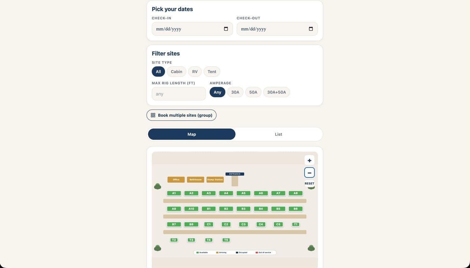 FullSite guest booking page with rig length and amperage filters and a bookable map