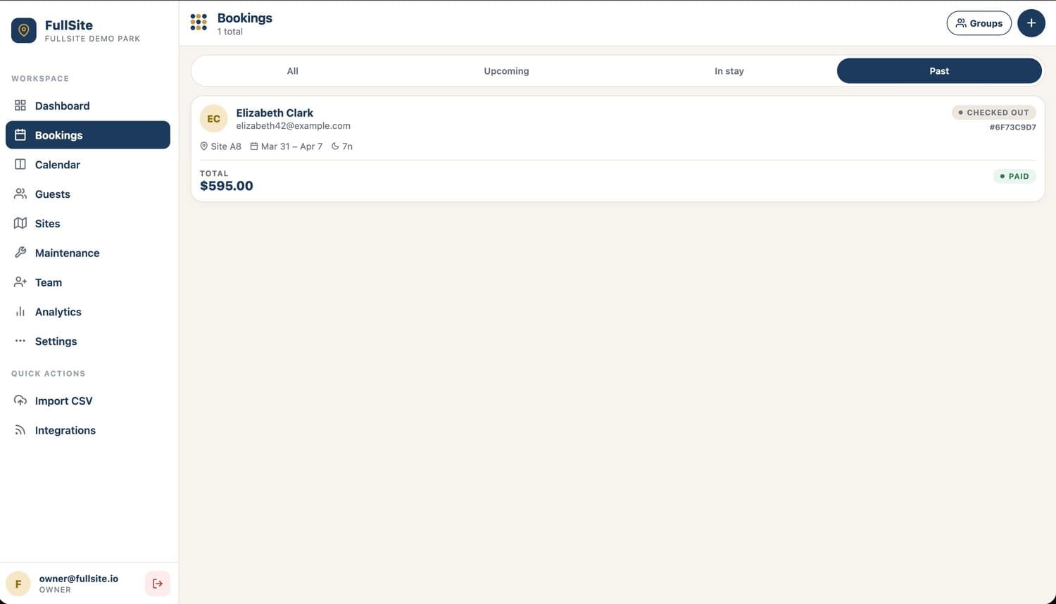FullSite bookings list with guest, site, dates, total, and payment status