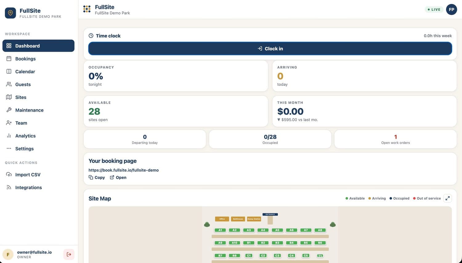 FullSite owner dashboard — occupancy, arrivals, revenue, and live site map